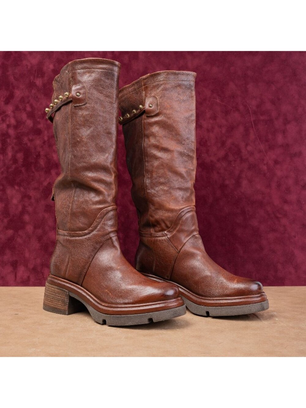 AS98 Wmn Elton Brown Leather Round Platform Moto Fashion Boots 10.5-11US EUR42